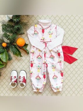 TBBC White Floral Vase Romper with Red Trim